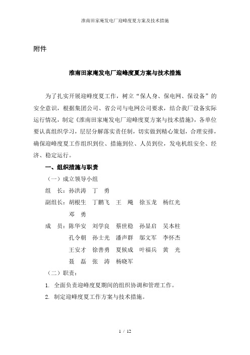 淮南田家庵发电厂迎峰度夏方案及技术措施