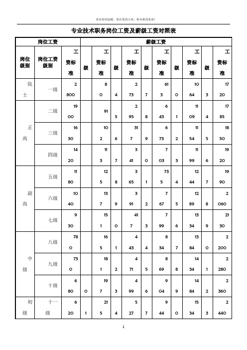 各类岗位工资及薪级工资对照表
