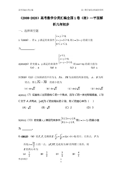 (2008年-2020年)高考数学分类汇编全国1卷(理)--平面解析几何初步(含全部答案解析)