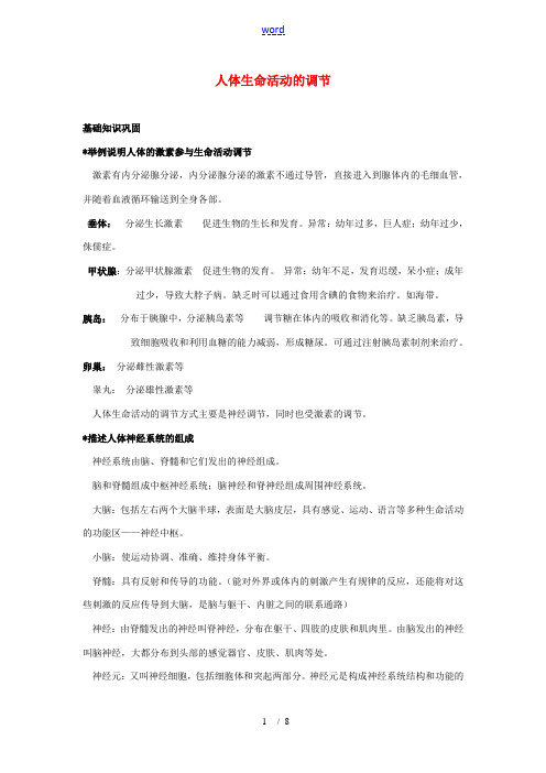 2010届初中生物中考知识点汇总及复习题-人体生命活动的调节全国通用
