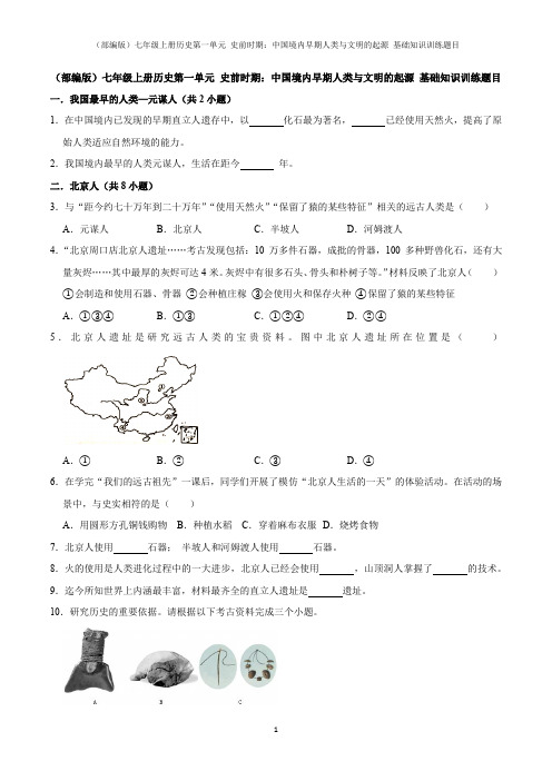 (部编版)七年级上册历史第一单元 史前时期：中国境内早期人类与文明的起源 基础知识训练题目