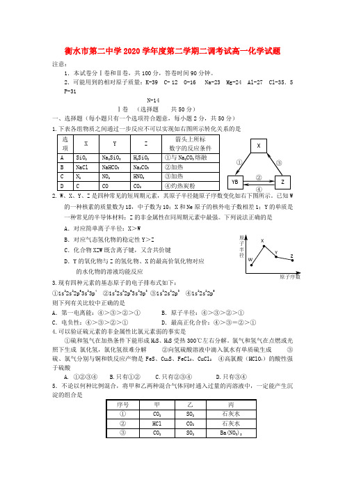 河北省衡水二中2020学年高一化学下学期第二次调研考试试题(无答案)新人教版