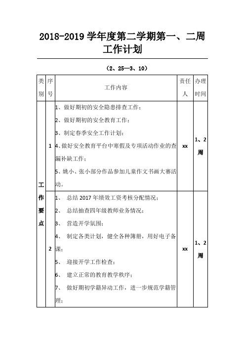 2018-2019学年度第二学期第一、二周工作计划