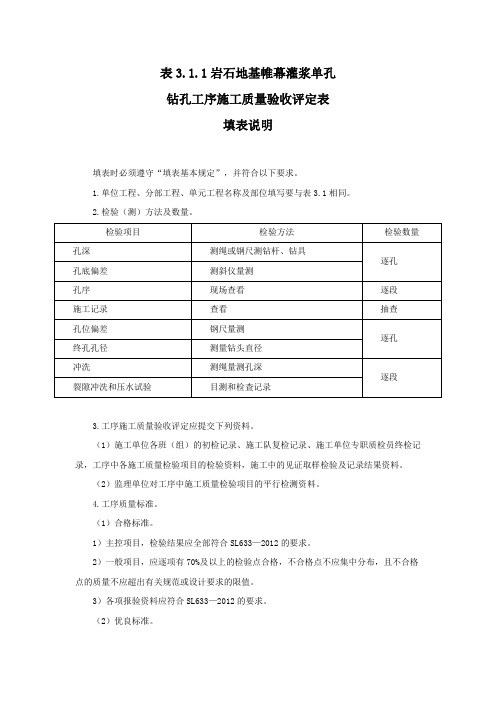 岩石地基帷幕灌浆单孔钻孔工序施工质量验收评定表