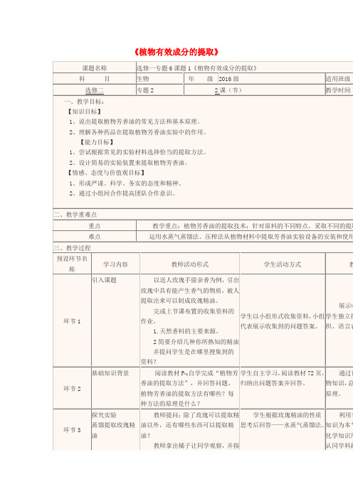 四川2017_2018学年高中生物下学期第3周植物有效成分的提取教学设计新人教版选修一