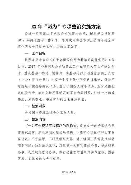 XX年“两为”专项整治实施方案