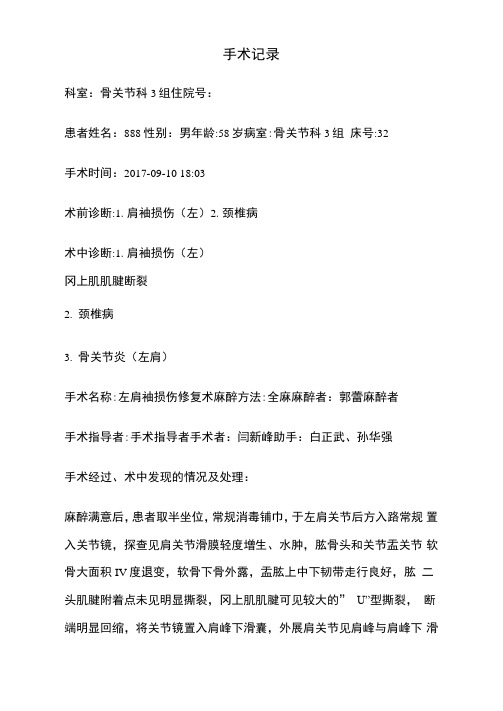 关节镜下左肩袖损伤修复术手术记录模板