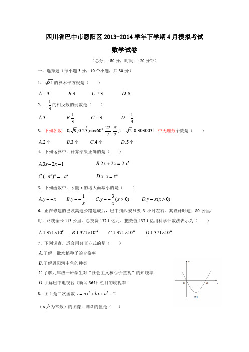 四川省巴中市恩阳区2014届九年级4月中考模拟数学试题 Word版含答案