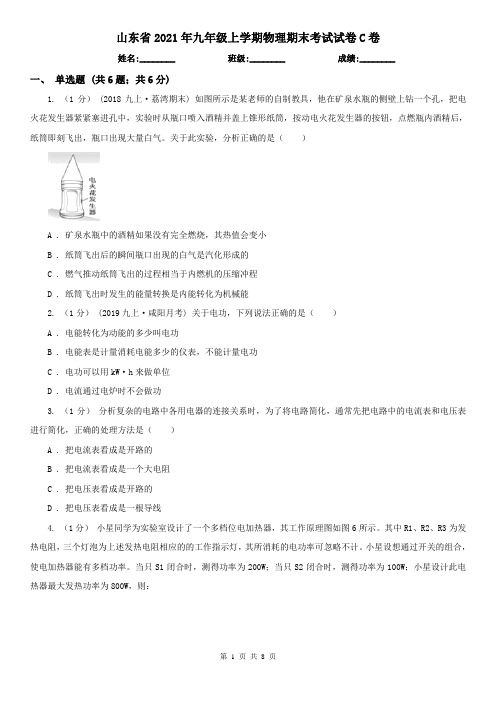山东省2021年九年级上学期物理期末考试试卷C卷(新版)