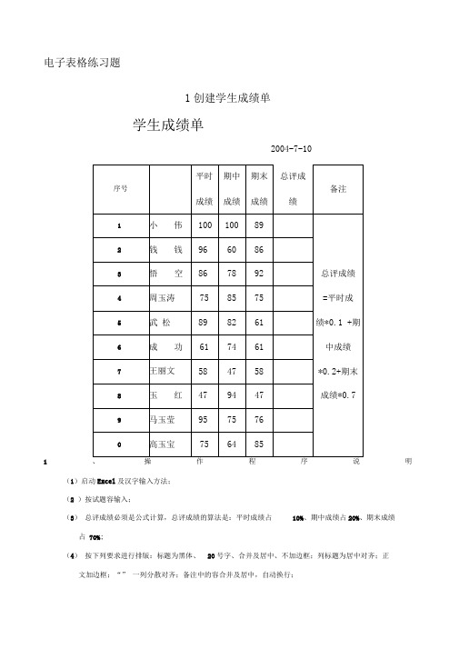Excel表格练习题集
