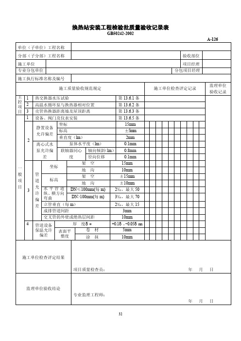 换热站安装工程检验批质量验收记录表
