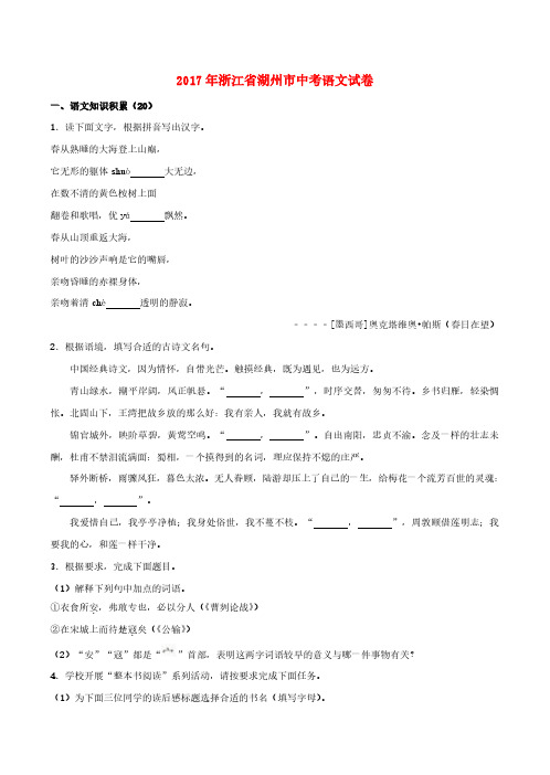 浙江省湖州市2017年中考语文真题试题(含解析)