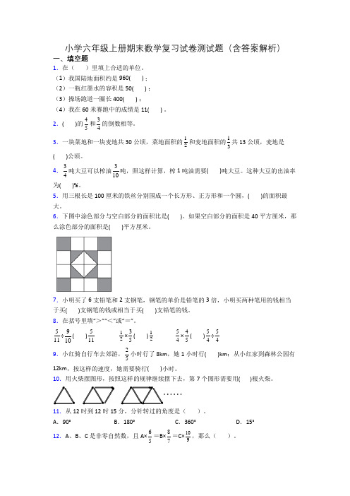 小学六年级上册期末数学复习试卷测试题(含答案解析)