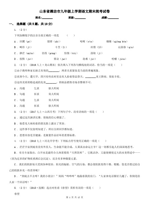 山东省潍坊市九年级上学期语文期末统考试卷