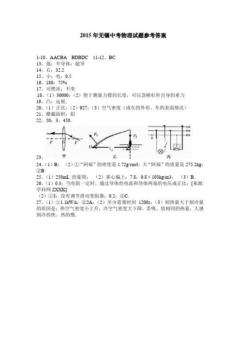 2015年无锡中考物理试题答案