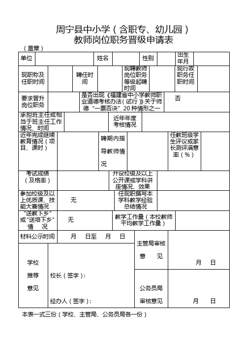 教师岗位职务晋级申请表