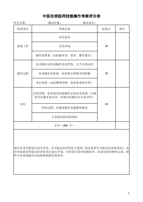 中医住培医师技能操作考核评分表