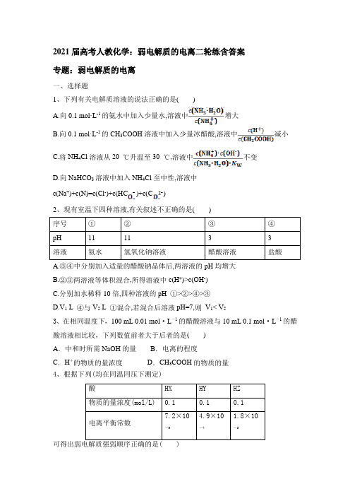 2021届高考人教化学：弱电解质的电离二轮练含答案