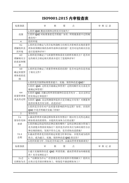 ISO9001：2015内审检查表(完整要素)