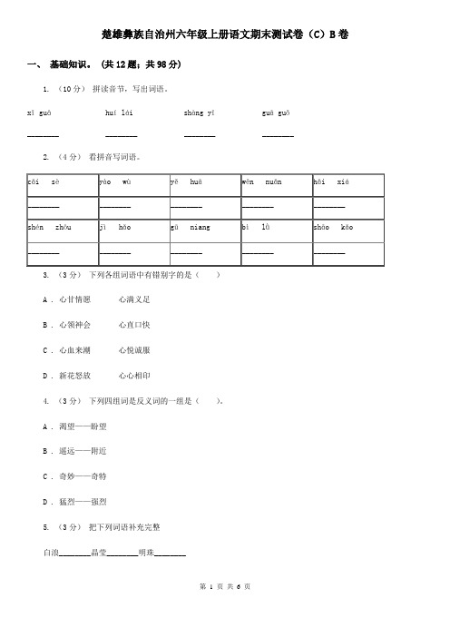 楚雄彝族自治州六年级上册语文期末测试卷(C)B卷