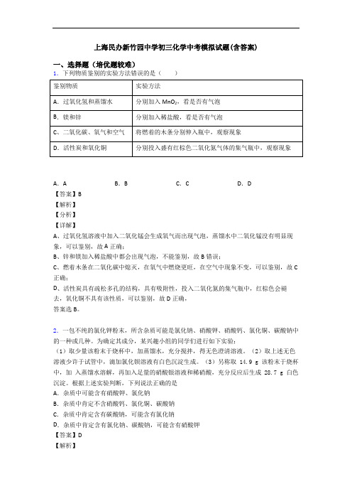 上海民办新竹园中学初三化学中考模拟试题(含答案)