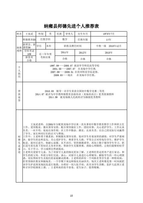 (附件1、附件2)纳雍县2014年师德先进个人推荐表及登记表