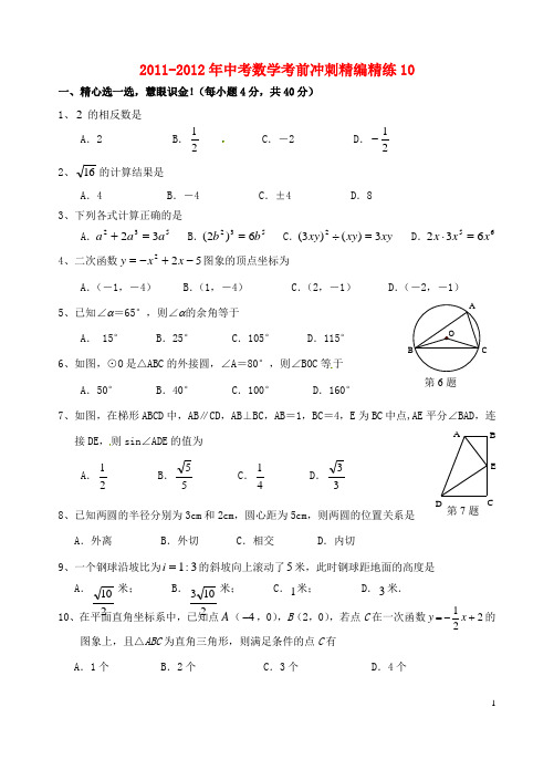 广东省徐闻县2011-2012年中考数学考前冲刺精编精练10