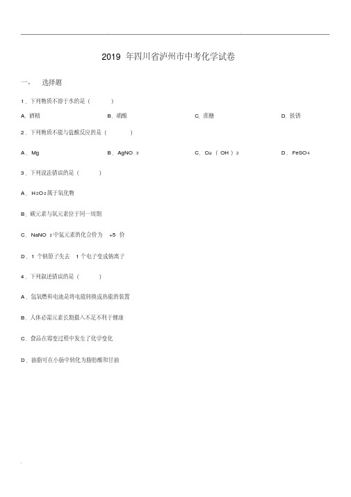 2019年四川省泸州市中考理综部分化学试卷(含答案)
