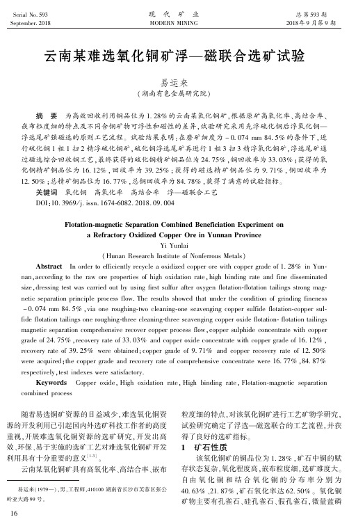 云南某难选氧化铜矿浮-磁联合选矿试验