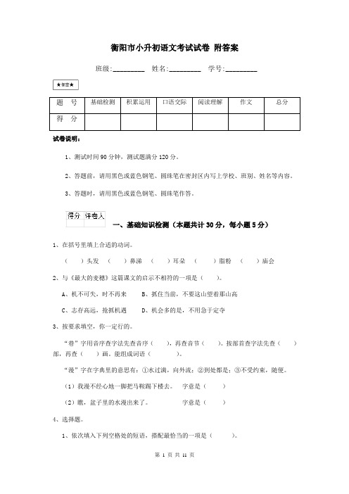 衡阳市小升初语文考试试卷 附答案
