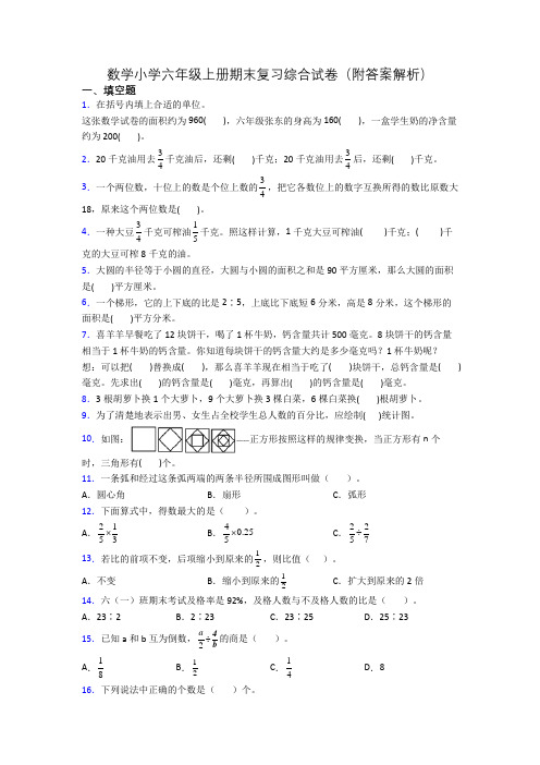 数学小学六年级上册期末复习综合试卷(附答案解析)