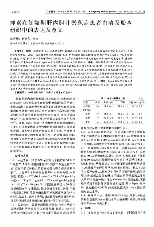 瘦素在妊娠期肝内胆汁淤积症患者血清及胎盘组织中的表达及意义