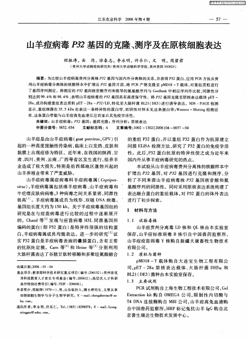 山羊痘病毒P32基因的克隆、测序及在原核细胞表达