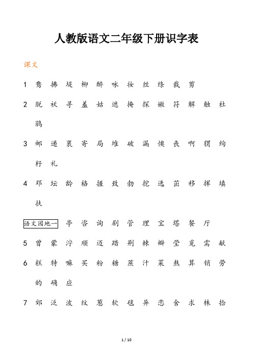人教版语文二年级下册识字表