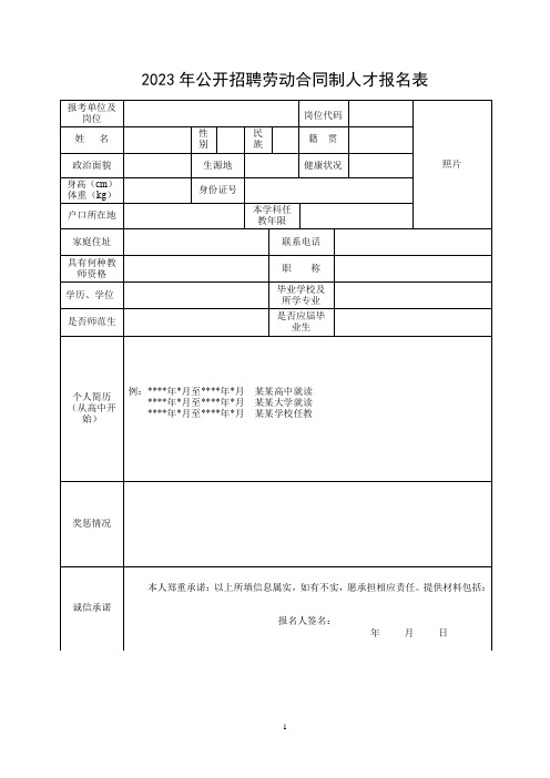 公开招聘劳动合同制人才报名表