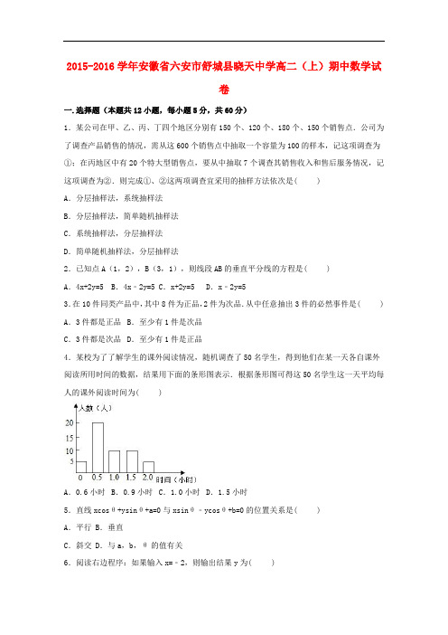 安徽省六安市舒城县晓天中学高二数学上学期期中试卷(含解析)