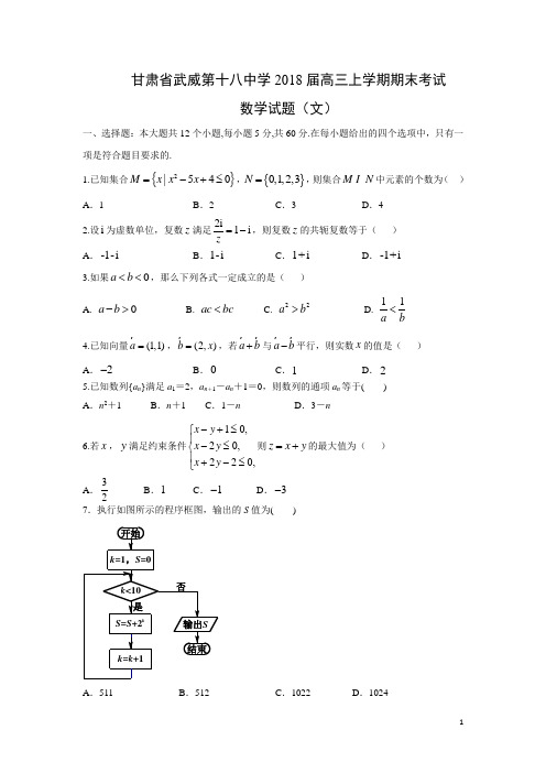 数学---甘肃省武威第十八中学2018届高三上学期期末考试试题(文)