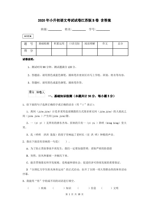 2020年小升初语文考试试卷江苏版B卷 含答案