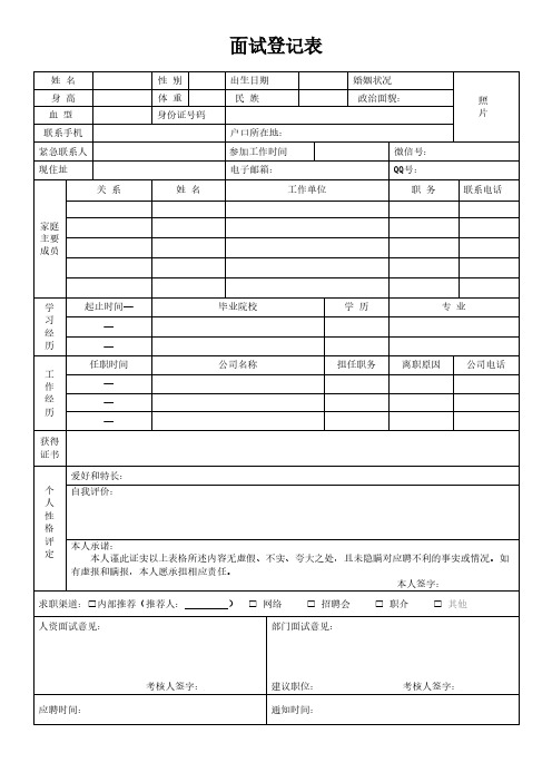 企业面试登记表(空白模版)