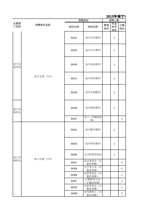 2013年南宁市事业单位公开考试招聘工作人员计划表2