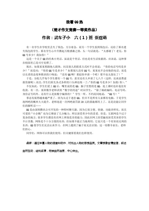 楚才作文竞赛一等奖作品-武车子小 张煜萌《我看QQ热》