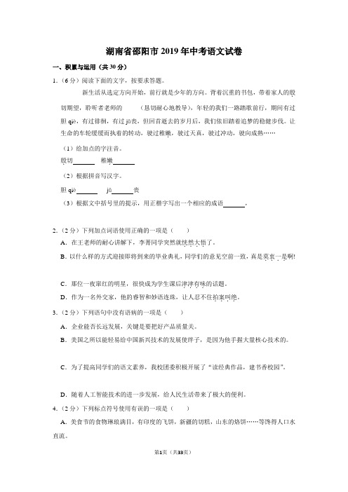 湖南省邵阳市2019年中考语文试卷(解析版)
