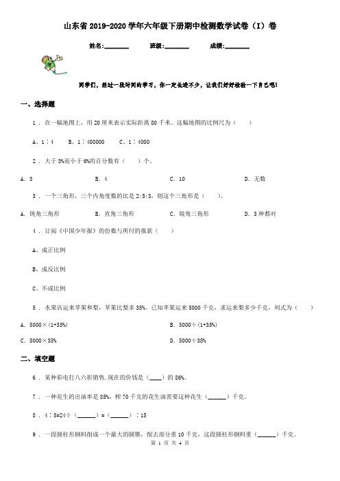 山东省2019-2020学年六年级下册期中检测数学试卷(I)卷