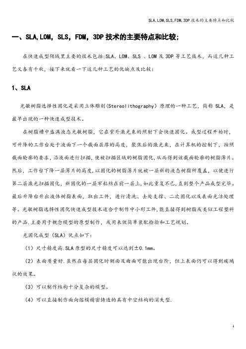 SLA,LOM,SLS,FDM,3DP技术的主要特点和比较