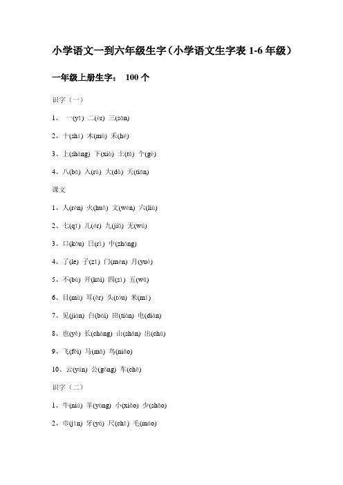 小学语文一到六年级生字表