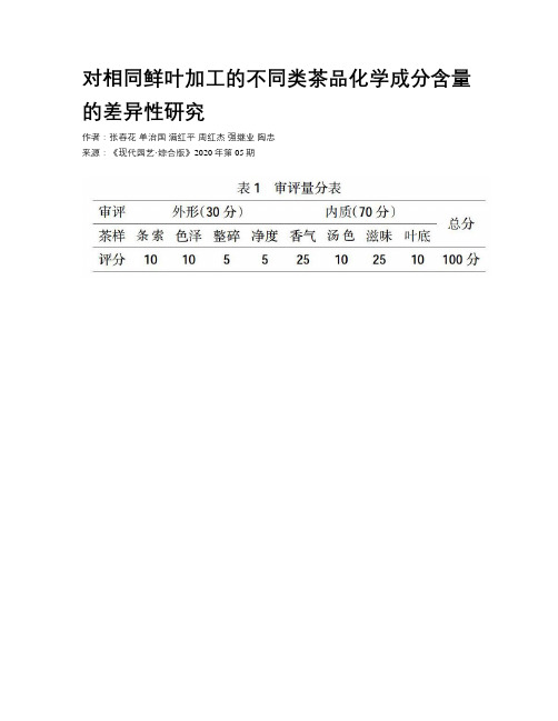 对相同鲜叶加工的不同类茶品化学成分含量的差异性研究