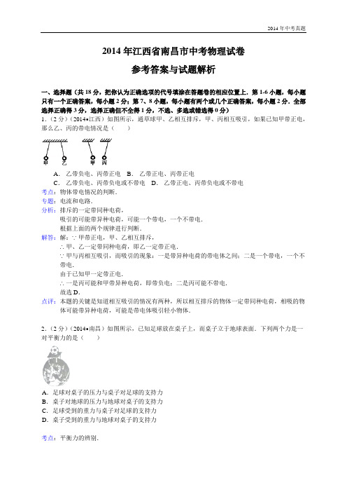 2014年江西省南昌市中考物理试题含答案