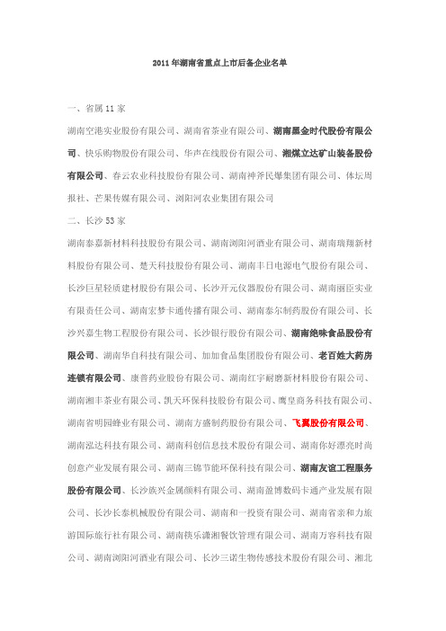 2013年湖南省重点上市后备企业名单