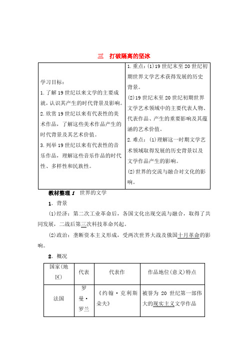 学年高中历史专题世纪以来的文学艺术打破隔离的坚冰教案人民版必修