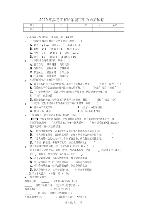 2020年黑龙江省哈尔滨市中考语文试卷答案版
